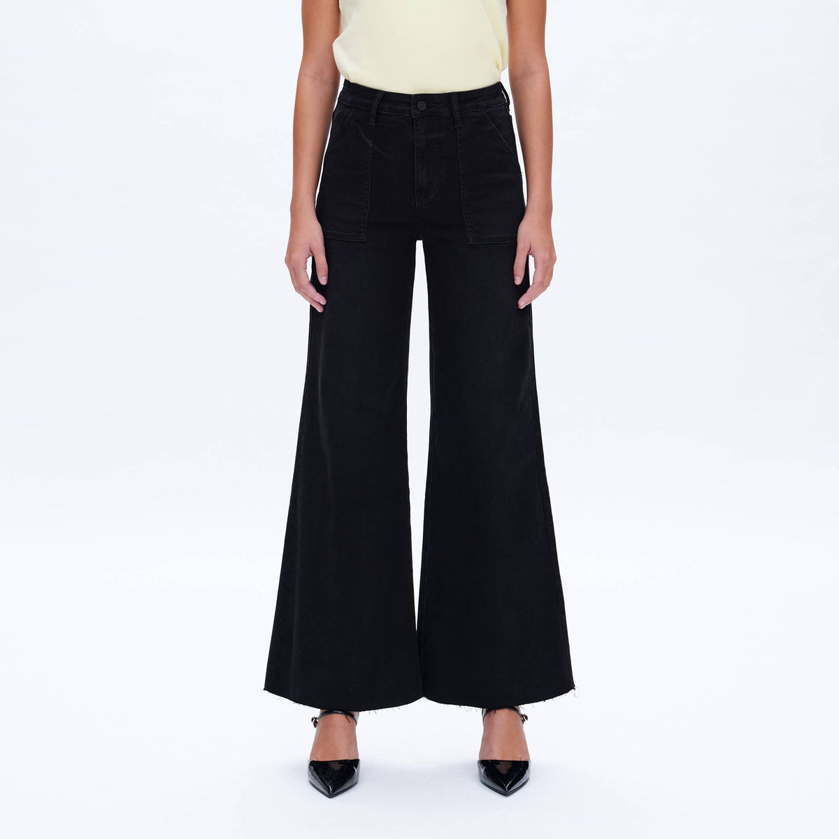 Black High Rise Wide Leg Jean with Raw Hem