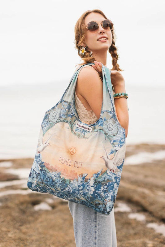 Peace Out Turquoise Linen Tote Bag with Doves and Sunrise
