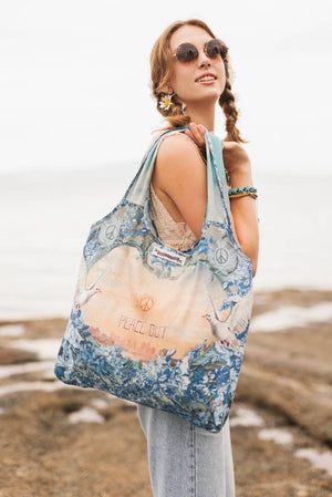Peace Out Turquoise Linen Tote Bag with Doves and Sunrise