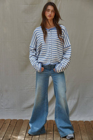 Blue and White Striped Button Down Knit Cardigan