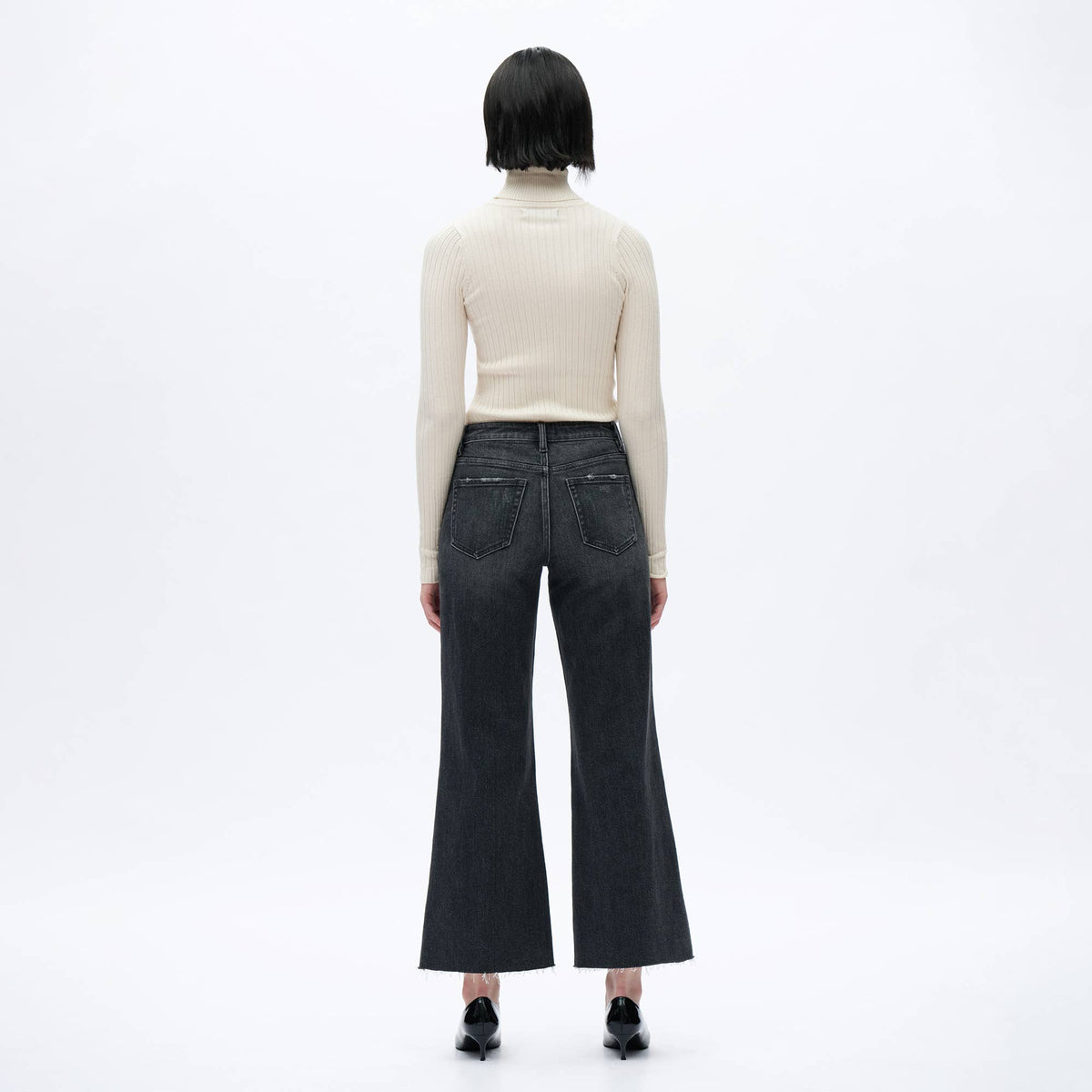 Dark Grey Washed Denim Mid Rise Wide Leg Jeans with Raw Hem