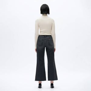 Dark Grey Washed Denim Mid Rise Wide Leg Jeans with Raw Hem