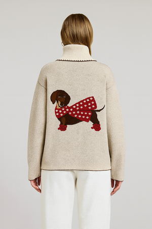 Flat White Dachshund Sweater Cardigan with Whipstitch