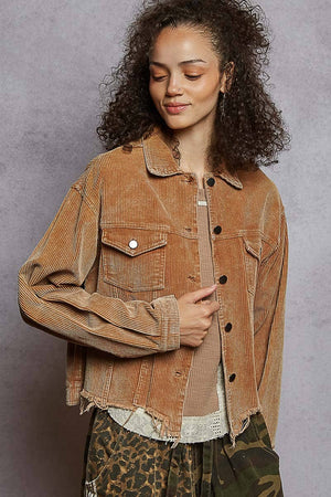 Pocket front button down distressed hem corduroy jacket