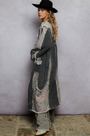 Long sleeve patchwork contrast denim duster