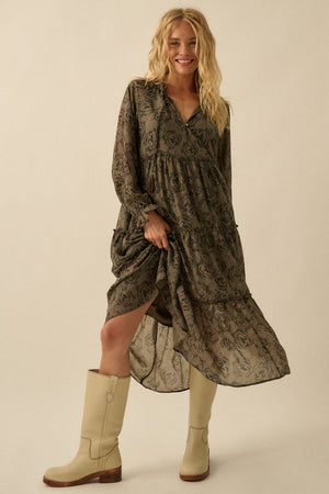 Floral Tiered Ruffle Bubble-Sleeve Midi Dress