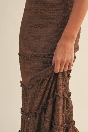 Lace Tiered Ruffle Trim Mermaid Midi Skirt - Black