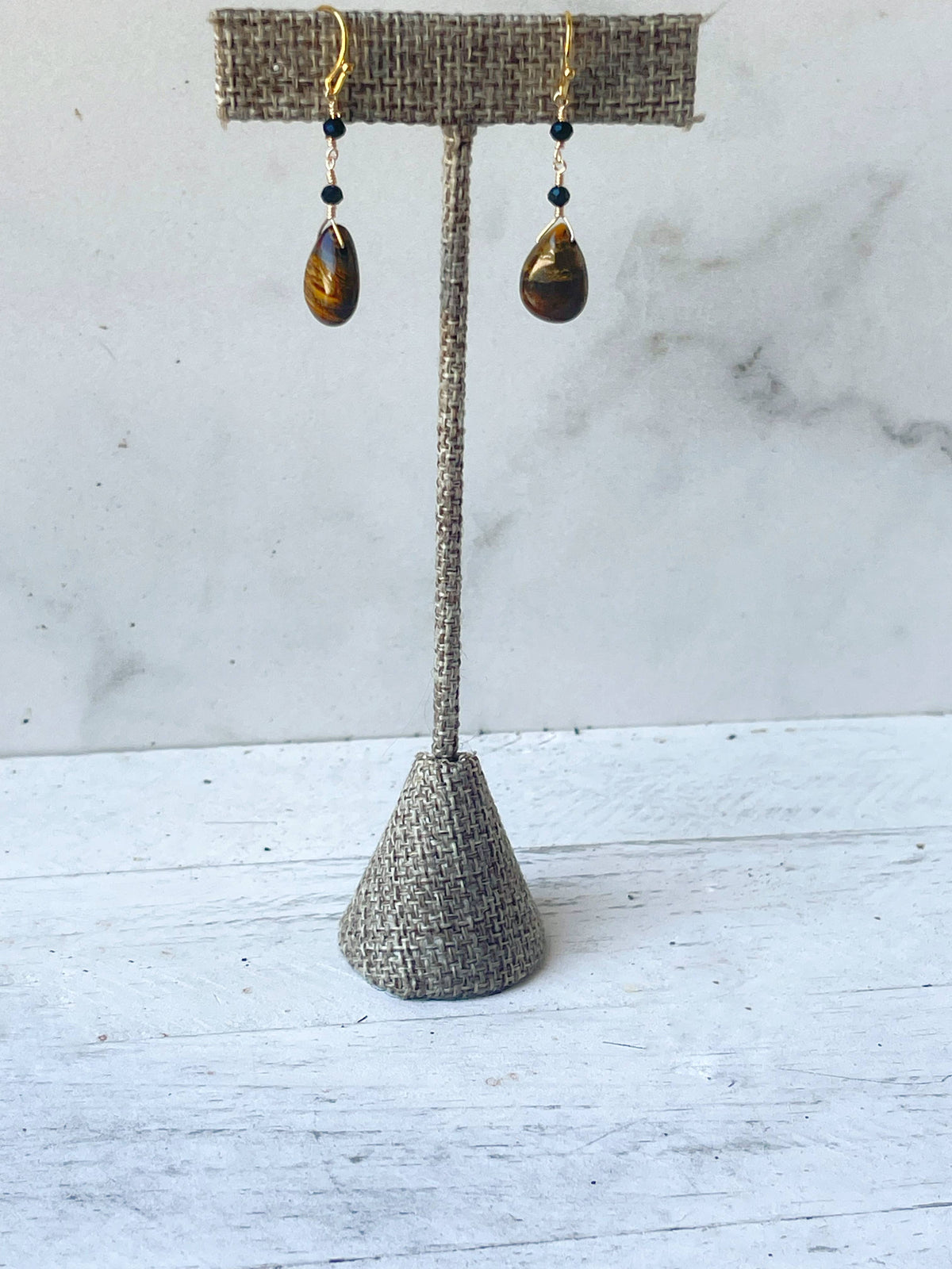 Tiger's Eye & Black Glass Earrings