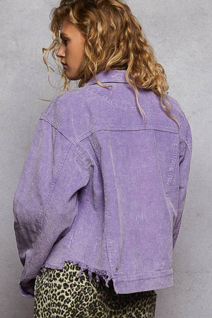 Pocket front button down distressed hem corduroy jacket