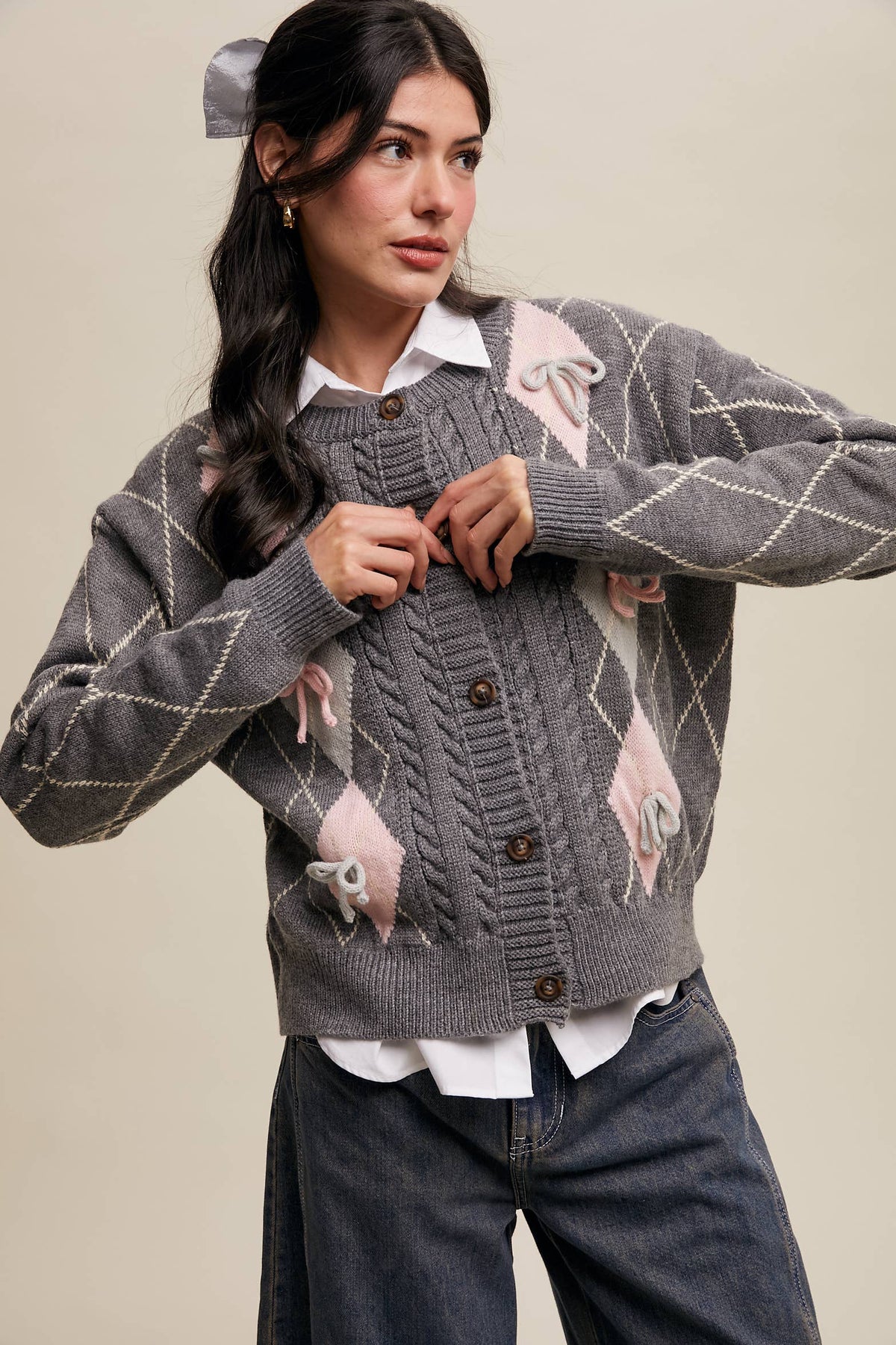 Argyle Bow Detail Knit Cardigan