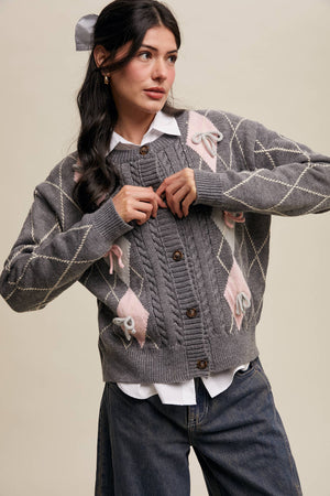 Argyle Bow Detail Knit Cardigan
