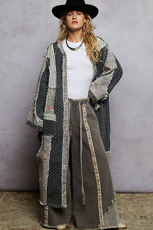 Long sleeve patchwork contrast denim duster