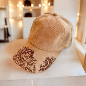 Suede Baseball Hat Burnt Hat Rose Design 