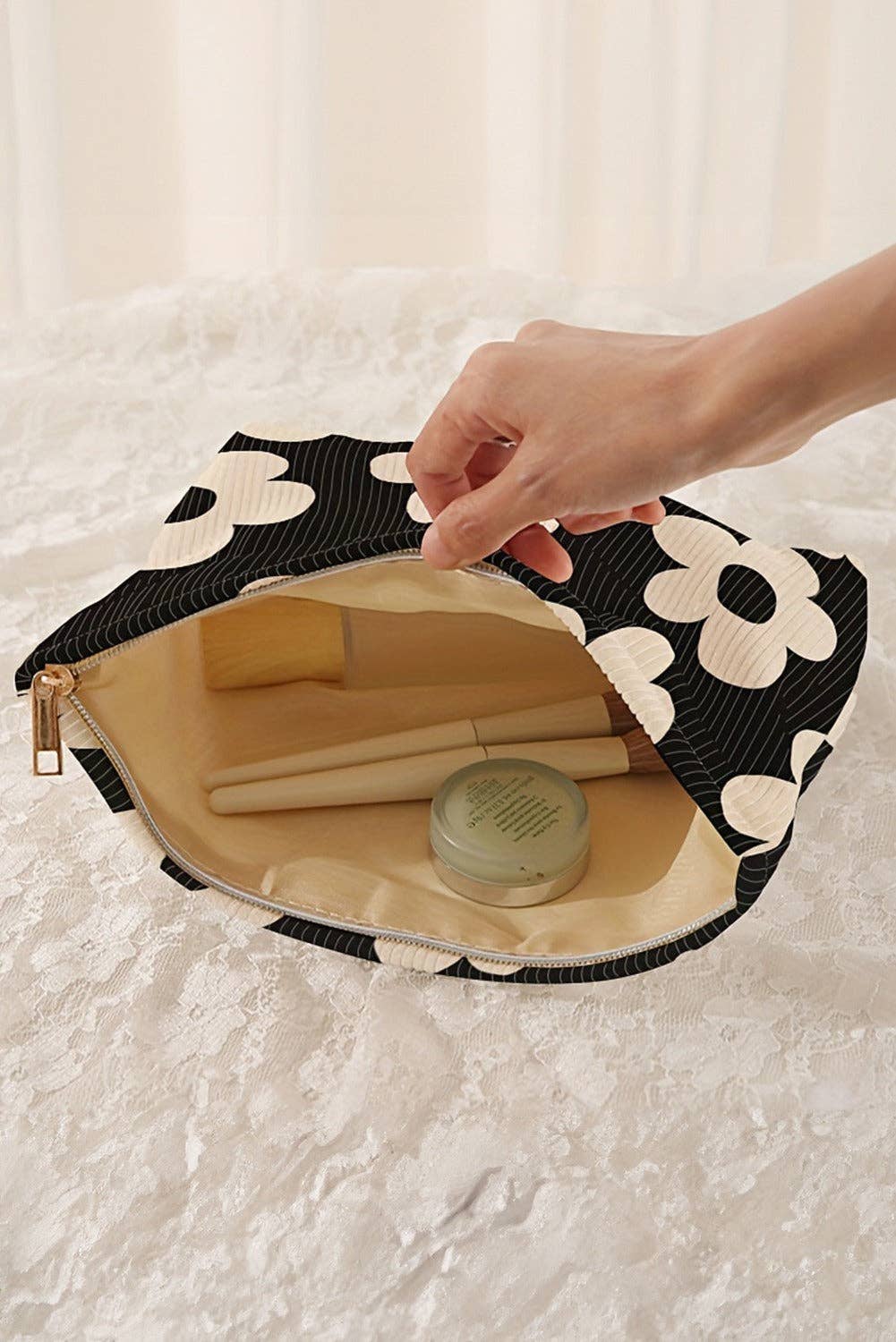 Black Flower Printed Rib Textured Cosmetic Bag