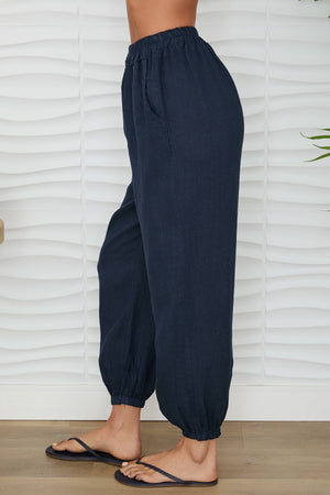 Elastic Waist Linen Pants with Cuffed Ankle