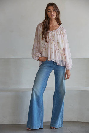 Chiffon Floral Print V-Neck Long Sleeve Top