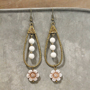 Teardrop Czech Flower & White Bead Dangle Earrings