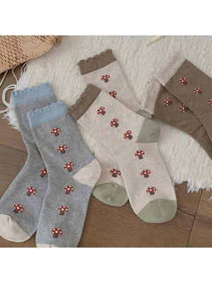 Rufia - Mushroom Print Ruffle Crew Sock