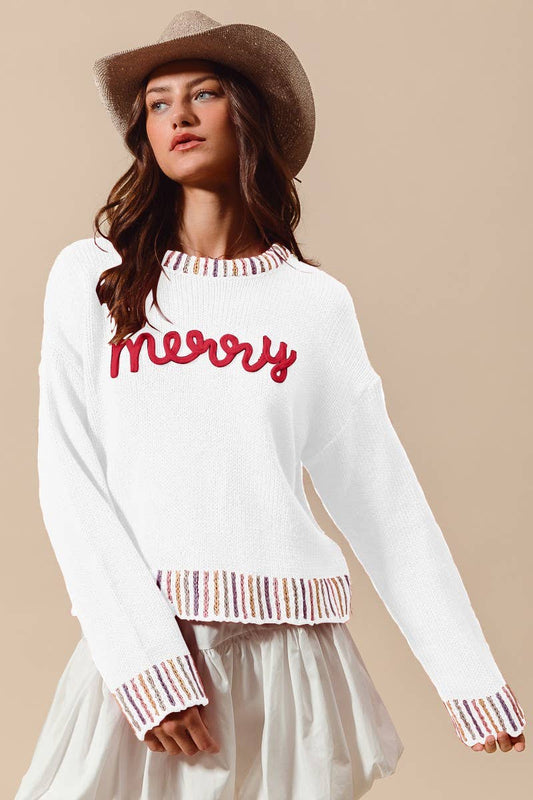 Merry Lettering Embroidered Christmas Sweater Top