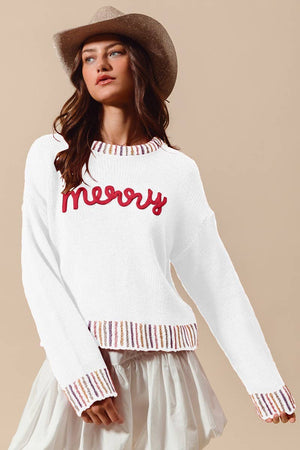 Merry Lettering Embroidered Christmas Sweater Top