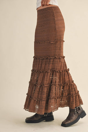 Lace Tiered Ruffle Trim Mermaid Midi Skirt - Black