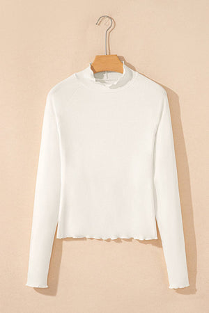 Ribbed Knit Lettuce Trim High Neck Long Sleeve Top