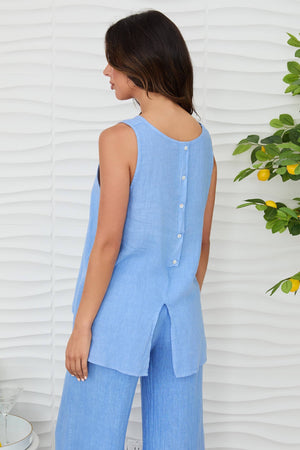 Linen Back Button Sleeveless Top