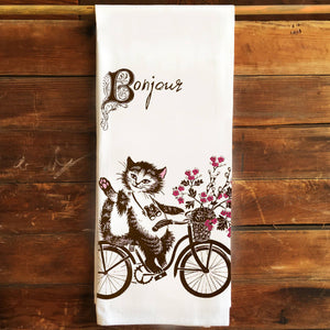 Bonjour Cat Kitchen Tea Towel Flour Sack Cotton