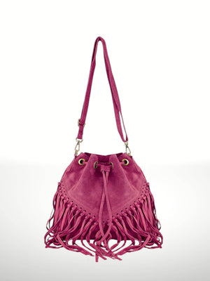 Emanuela Suede Leather Fringe Bag - Gray