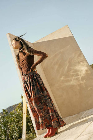 Floral-Print Drawstring Button-Front Maxi Skirt