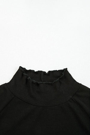 Ribbed Knit Lettuce Trim High Neck Long Sleeve Top