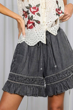 Ladder Trim Ruffle 100%Tencel Chambray Denim Shorts VP83201