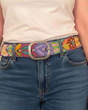 Folklorica Floral Embroidered Wool Belt, Blue