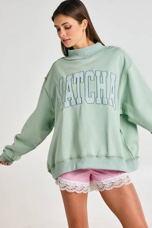 Embroidered "MATCHA" Mock Neck Sweatshirt
