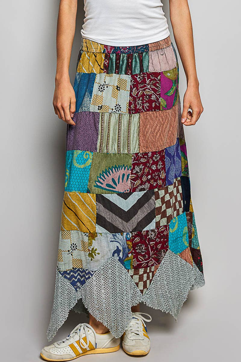 Patchwork Elasticized Waistband Print Panel Woven Skirt