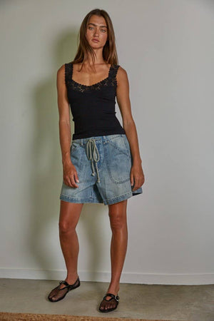 Knit Seamless Ribbed Tank Top with Lace Trim