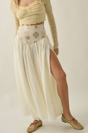 Floral-Embroidered Drop-Waist Yoke Maxi Skirt
