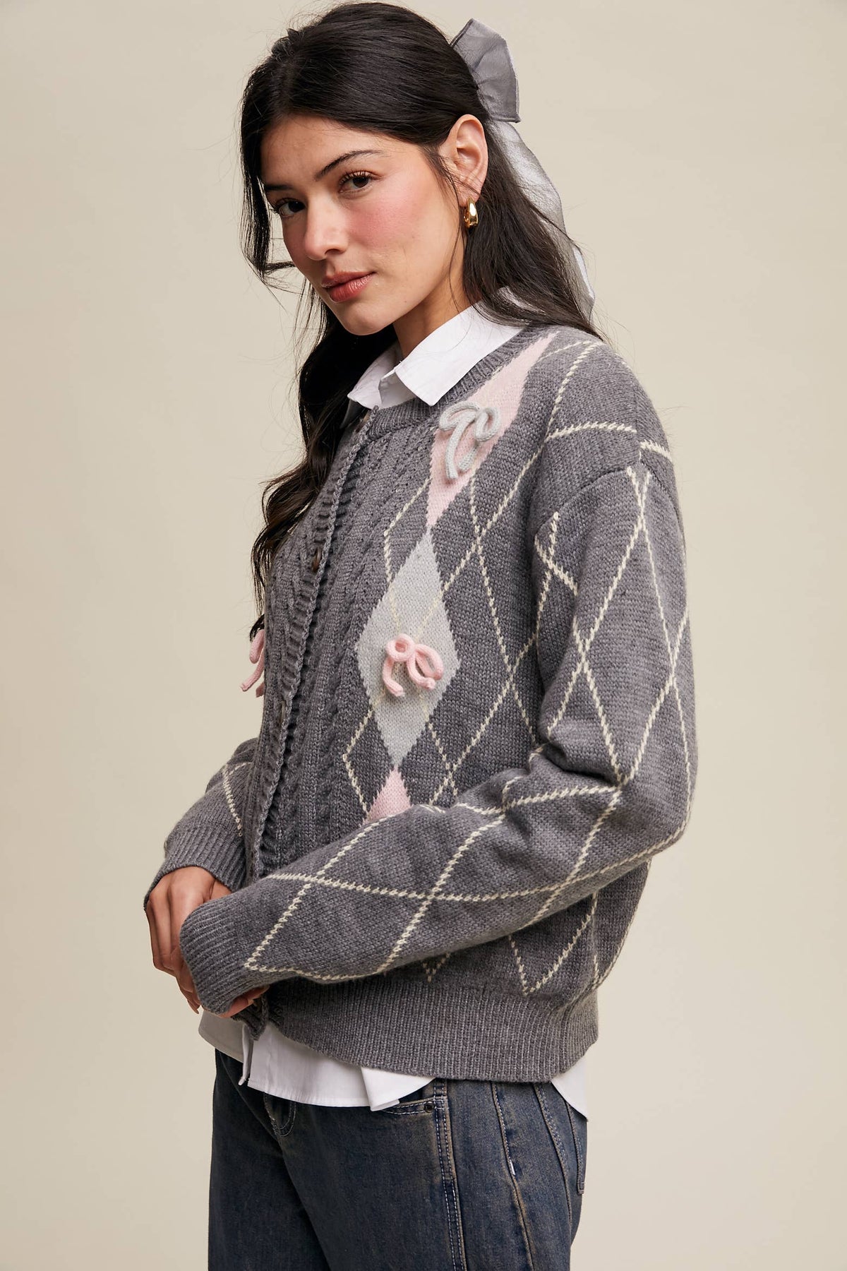Argyle Bow Detail Knit Cardigan