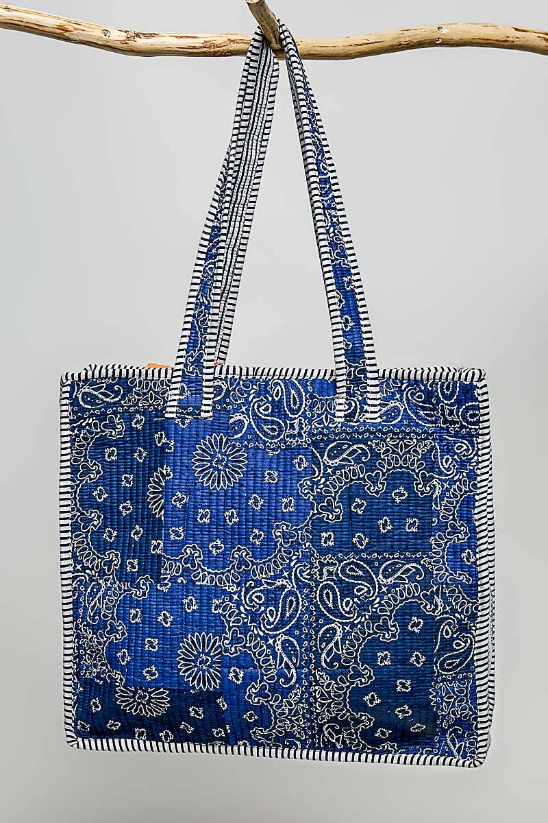 Quilted Indigo Paisley LOVE Tote Bag