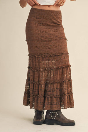 Lace Tiered Ruffle Trim Mermaid Midi Skirt - Black