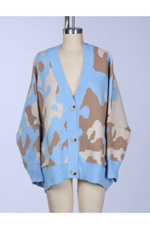 Sky Blue Camo Oversized Button-Front Cardigan