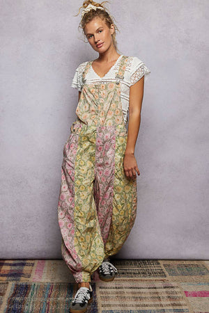 Boho Floral Lace-Trim Front-Zip Overalls