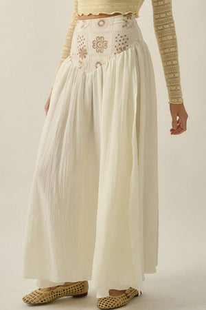 Floral-Embroidered Drop-Waist Yoke Maxi Skirt