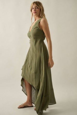 Lace-Trimmed Cotton Gauze Sleeveless Wrap Maxi Dress
