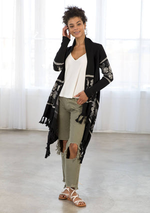 Western Floral Knit Fringe Trim Cardigan