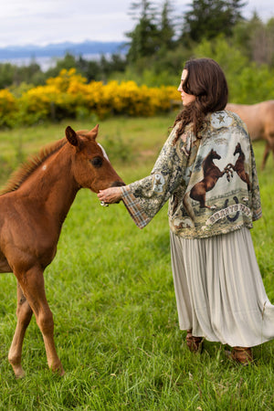 Born to Run Pixie Duster Crop Kimono w/ Horse & Flower Print