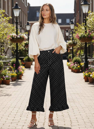 Polka Dot Casual Ruffle Hem Cropped Pants
