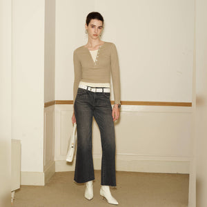 Dark Grey Washed Denim Mid Rise Wide Leg Jeans with Raw Hem