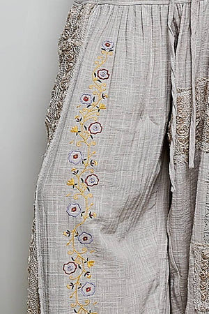 Floral Embroidered Drawstring Joggers with 3D Lace