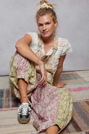Boho Floral Lace-Trim Front-Zip Overalls